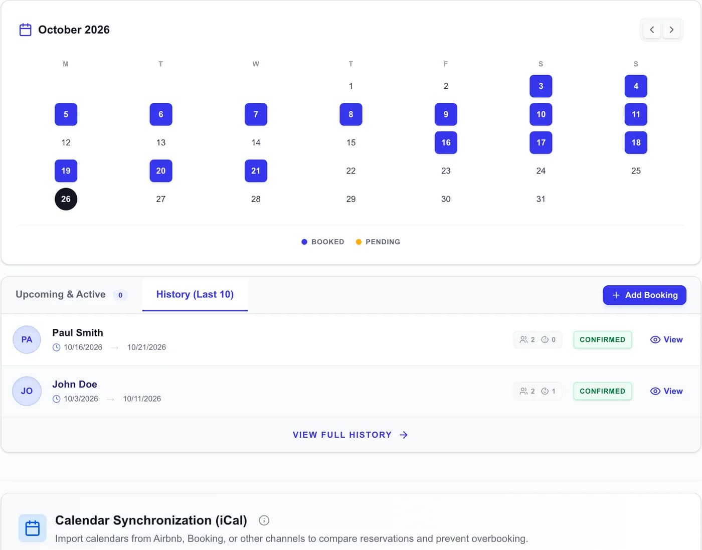 Calendario de reservas de AdminRentist con las fechas ocupadas, el historial de reservas y la sincronización de calendarios iCal